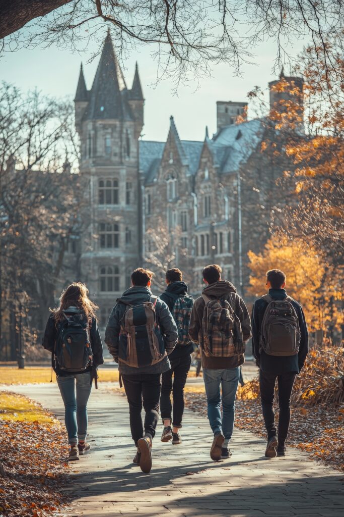 group university students walking across scenic campus with large historic buildings wearing backpacks chatting happily