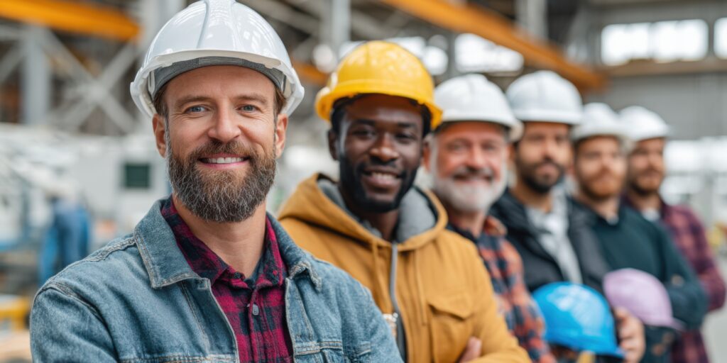 group smiling construction workers hard hats