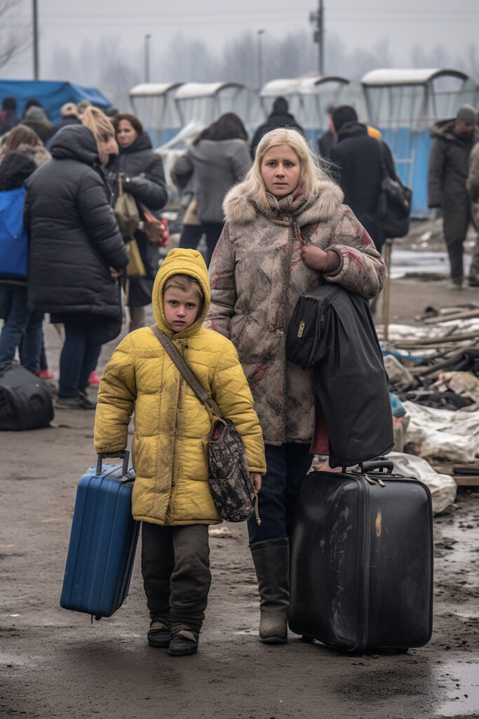 journalistic photo two ukrainian refugee women children carrying luggage waiting line