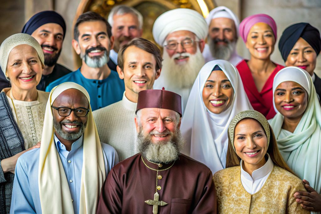 smiling individuals from various cultures religions gathered harmony showcasing religious background